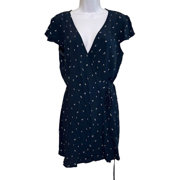 Brandy Melville Dresses & Skirts - Brandy Melville Palm Tree Print Wrap Mini Dress Womens Small Navy Blue